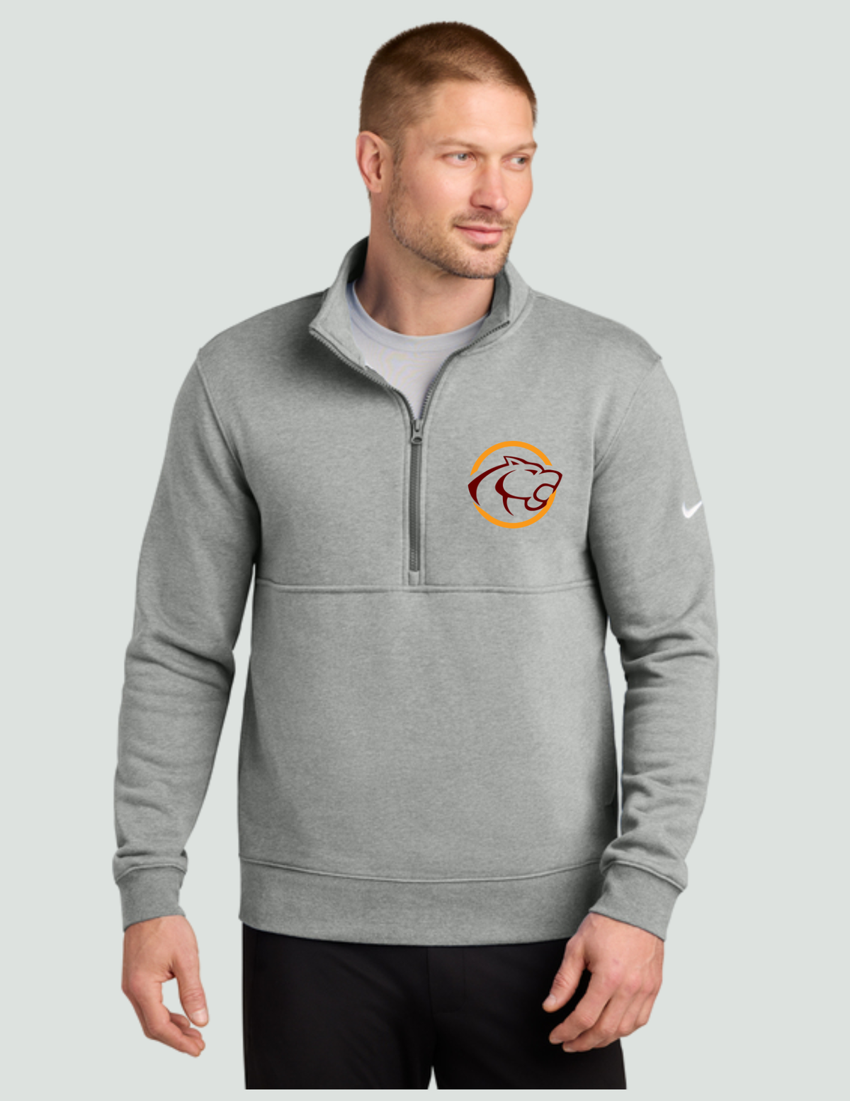 Nike Men's Club Fleece Sleeve Swoosh 1/2-Zip- Grey & Team Red