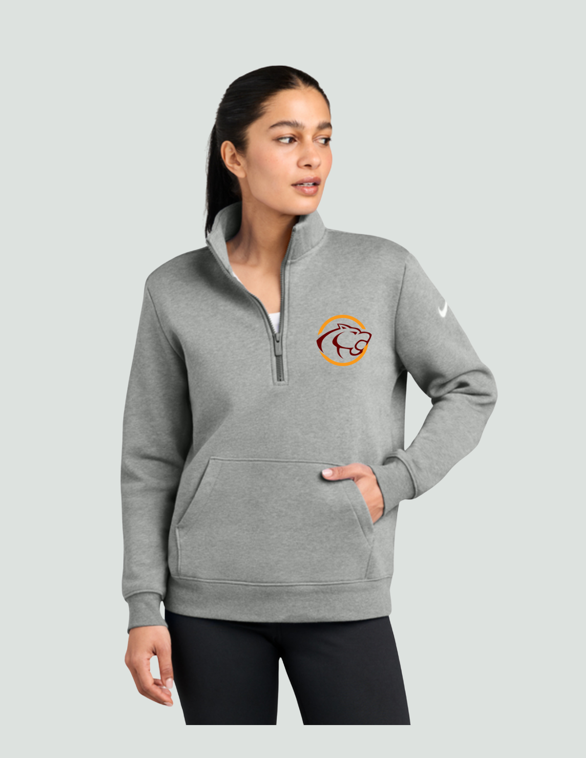 Nike Women's Club Fleece Sleeve Swoosh 1/2-Zip- Grey & Team Red
